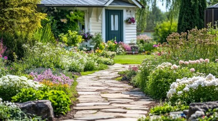 Obraz premium Summer's Embrace - A Charming Cottage Garden Oasis with a Stone Pathway and Flourishing Perennials.