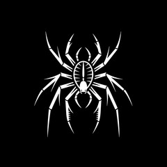 A white logo outline of a cool spider on a black background