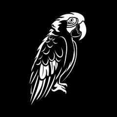 A white logo outline of a cool Scarlet macaw on a black background
