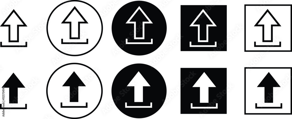 Poster set of black white circle rectangle upload button vector illustration.