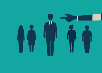 a finger points to a person standing in the foreground, in the background there are four people