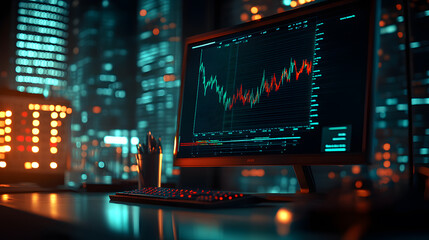 Obraz premium A computer monitor displays a stock market graph with the city lights glowing in the background. The pulse of the city.