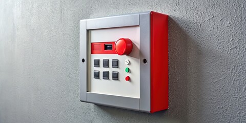 Modern fire alarm control panel with flashing lights and buttons, mounted on a sleek grey wall, ready to alert in case of emergency situations.