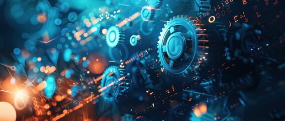 Fototapeta premium Abstract Technological Composition with Gears and Lights in Blue and Orange Tones for Business Innovation and Technology Advancement