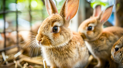 Fototapeta premium Closeup portrait of two cute and fluffy baby rabbits in a natural green grass setting at an eco friendly farm The young bunnies have large eyes and soft fur