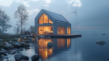 Obraz premium Solar-Powered House with Wind Turbine: A house with both solar panels and a small wind turbine, maximizing renewable energy sources.