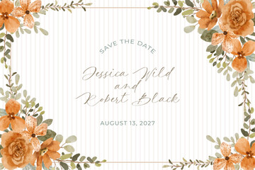 save the date with orange floral watercolor frame