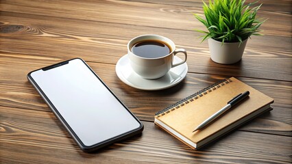 Modern sleek smartphone with blank screen on wooden desk surrounded by coffee cup, notebook, and stylish office decor, perfect for showcasing app or website design.
