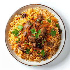 a bowl of rice with meat and vegetables
