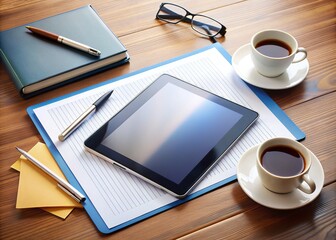 Modern sleek tablet device lies on a cluttered office desk amidst papers, pens, and coffee cups, symbolizing productivity and technology in a busy work environment.