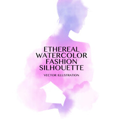Abstract Watercolor Fashion Illustration in Purple and Blue on White Background.