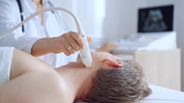 Doctor woman wearing white medical coat performing neck ultrasound exam on male patient. Medicine service concept