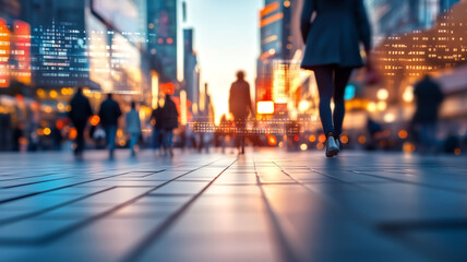 Busy Urban Street at Sunset with People Walking and Digital Overlay in Modern Cityscape