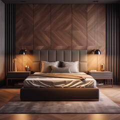 Modern Luxury Bedroom Interior with Wooden Accent Wall