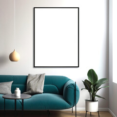 Frame mockup in modern living room with teal sofa and indoor plant