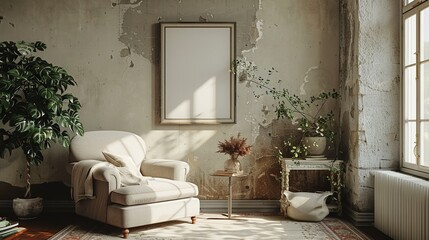 Empty White mockup on Cozy Urban Jungle Corner in Modern Living Room with Exposed Concrete Wall.
