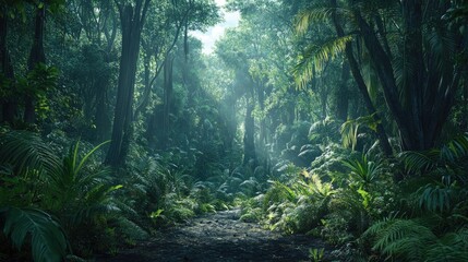 Fototapeta premium A lush rainforest scene with thick foliage and towering trees, providing a vibrant natural backdrop with plenty of copy space