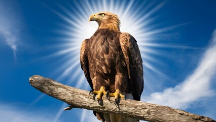 Golden Eagle Perched on a Branch on a Blue Background, Realistic Photo, Pattern Background, Wallpaper, Cover and Screen for Smartphone, Cell Phone, Computer, Laptop