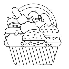 Outline Illustration of a Food Basket Filled with Burgers, Fruits, and Snacks