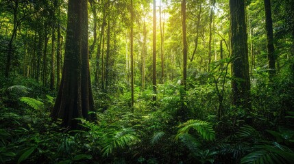 Fototapeta premium A lush rainforest scene with thick foliage and towering trees, providing a vibrant natural backdrop with plenty of copy space