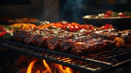 Realistic grilled barbeque with melted barbeque sauce and cut vegetables, black and blur background