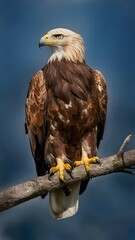 Golden Eagle Perched on a Branch on a Blue Background, Realistic Photo, Pattern Background, Wallpaper, Cover and Screen for Smartphone, Cell Phone, Computer, Laptop