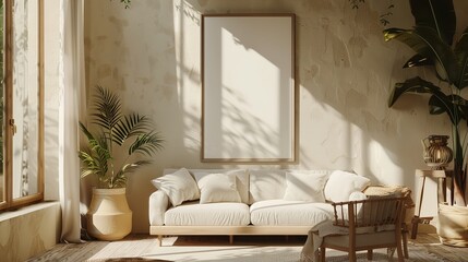 Blank horizontal poster frame mock up in minimal white style living room interior, modern living room interior background