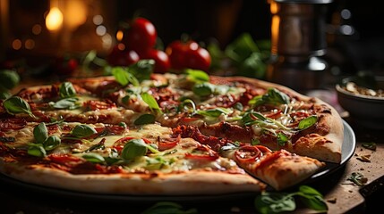 full pizza with vegetables and meat on wooden table with blur background