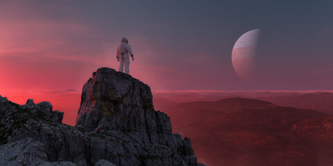 Astronaut standing on top of Rock Mountain Peak on Alien Planet. Dramatic Sky. Sci-fi art © edb3_16