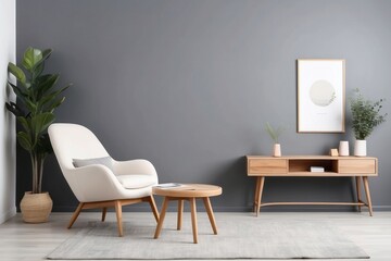 Minimalist Living Room with White Armchair, Wooden Table and Console