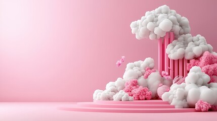 Modern abstract scene with pink clouds and geometric shapes, perfect for creative projects and artistic backgrounds.