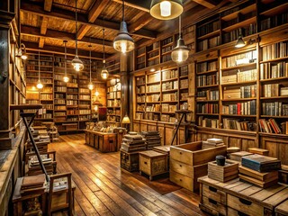 Obraz premium Old bookstore with wooden crates and warm lighting