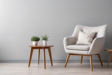 A Modern Living Room with a Grey Armchair and a Wooden Side Table