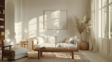 Fototapeta premium Blank horizontal poster frame mock up in minimal white style living room interior, modern living room interior background