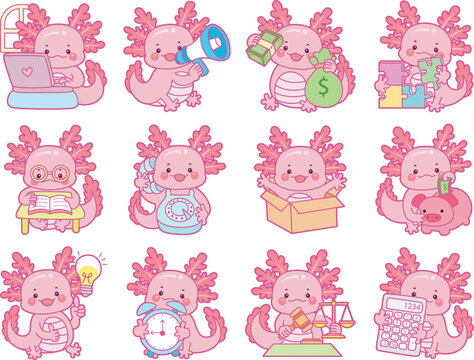 Illustration of cute axolotl activities icon.
Funny pink axolotl in daily routine stickers.
