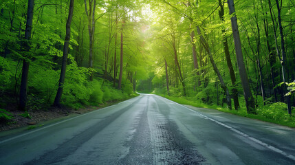 a beautiful asphalt road passing through green forest, wallpaper, background 