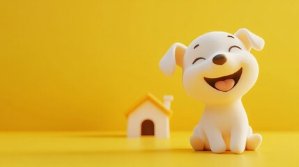 Portrait of a dog with house, 3d rendering on yellow background
