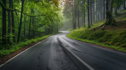 Obraz premium a beautiful asphalt road passing through green forest, wallpaper, background 
