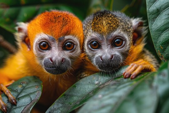 Two Golden-Headed Lion Tamarins Resting on Leaves