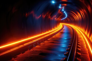 Train Tracks in a Curved Neon Lit Tunnel