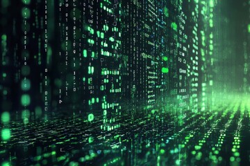 Green Dark Binary Code with Data Streaming Background created with Generative AI