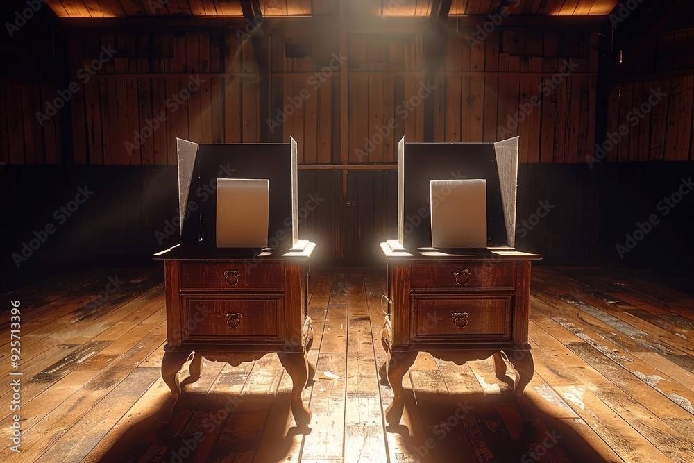 Wall mural Two Wooden End Tables with White Boxes in a Rustic Barn Setting