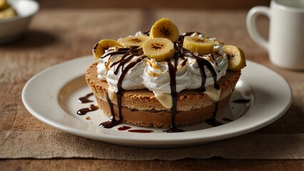 a slice of banoffee pie on a beige ceramic plate