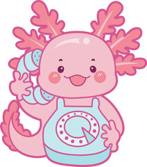 Illustration of cute axolotl activities icon.
Funny pink axolotl in daily routine stickers.