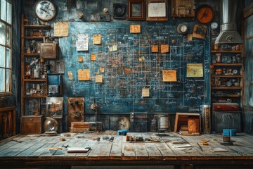 A cluttered workshop with tools, instruments, and a chalkboard wall covered in notes and diagrams.