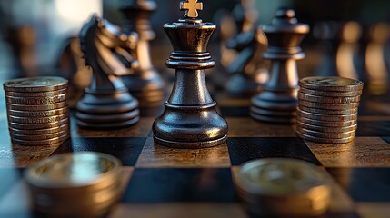A 3D illustration of investment strategy, depicted through a chessboard with coins that symbolize strategic financial planning, with clear copy space for your content.