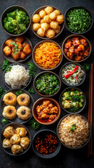 Fototapeta premium A top-down view of a full table spread with a variety of Chinese dishes. The table is filled with colorful and flavorful dishes