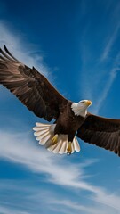 Fototapeta premium Harpy Eagle Flying with Blue Sky Background, Realistic Photo, Pattern Background, Wallpaper, Cover and Screen for Smartphone, Cell Phone, Computer, Laptop