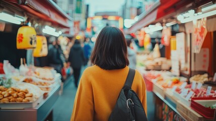 Obraz premium A woman strolls through a Japanese street food market, with a close-up focus on her amidst the vibrant backdrop of food stalls and stalls.
