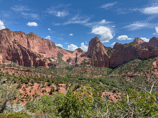 Majestic red rock mountains and peaks rise above lush expansive greenery in Kolob Canyons, Utah